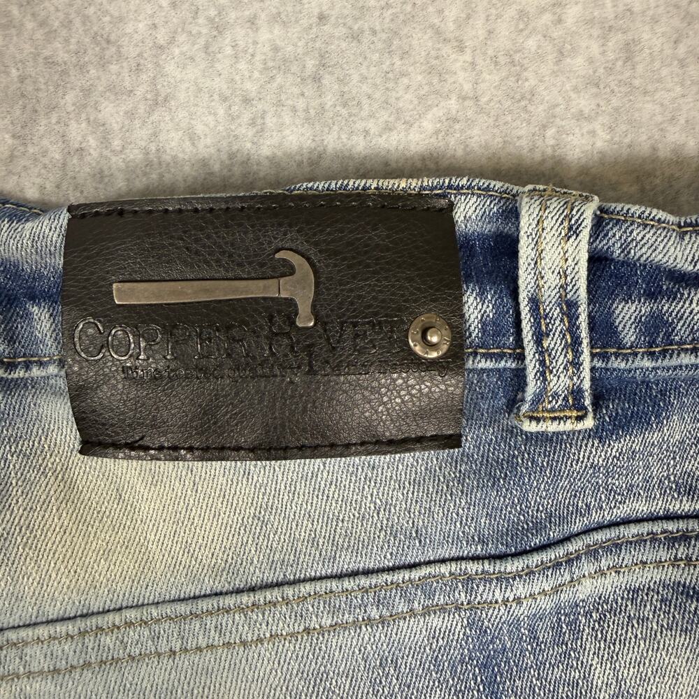 Copper Rivet Distressed Moto Mens Jeans Plaid Rip & Repair Light Blue 38x32 Slim - Picture 10 of 16
